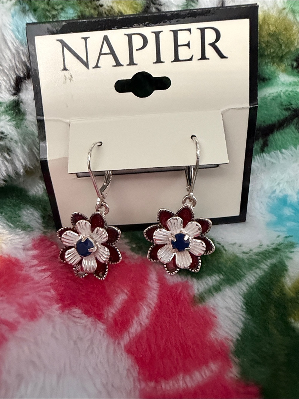 Napier Silver-Tone Floral Drop Earrings with Red Petals and Blue Center